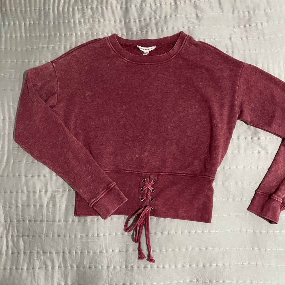 American Eagle Outfitters AEO Waisted Maroon Sweatshirt with Lace Tie Band Small